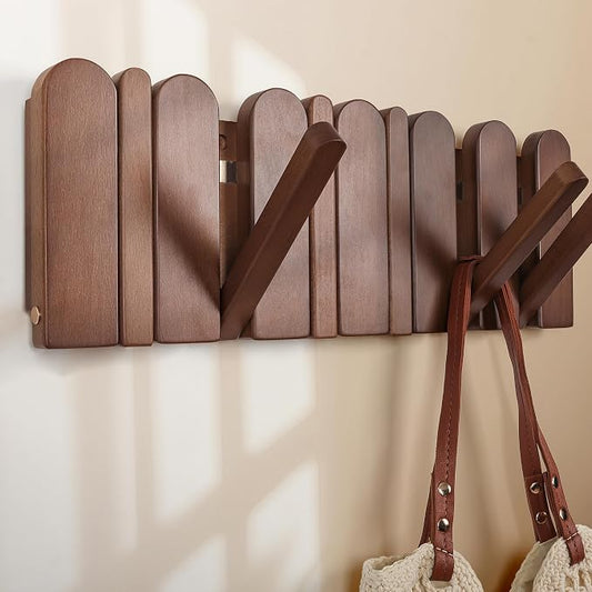 Wall Coat Rack for Entryway: Wooden Modern Heavy Duty 6 Hooks | Foldable Wall Mounted for Small Spaces Entryway Bathroom for Hanging Jacket Towel Backpack - Space Saving Home Decor by KYIAANY