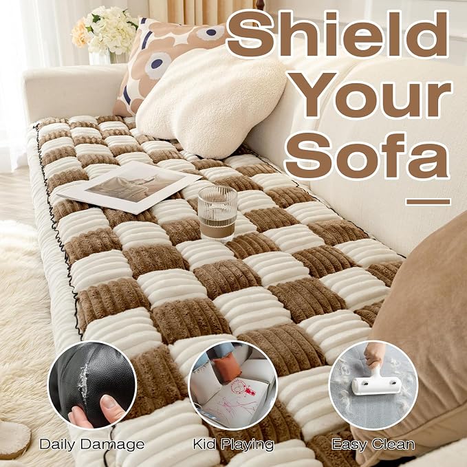 Fuzzy Couch Cover for Dog, Modern White Brown Checkered Couch Cushion Cover | Non Slip Couch Cover for 3 Cushion Couch Sofa Pet Friendly, Washable Sofa Cover Durable Anti-pilling Furniture Protector - Image 4