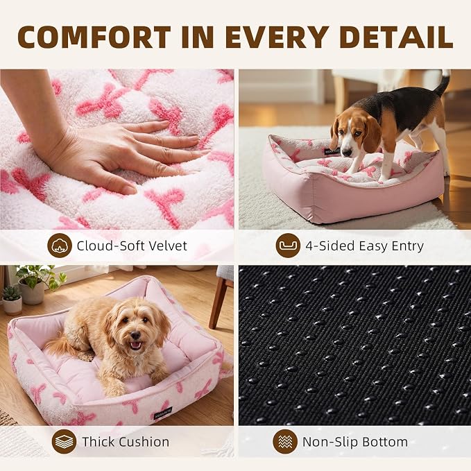 Mora Pets Reversible Dog Bed for Medium Size Dogs Washable - Cool & Warm 2-in-1 Anti Anxiety Calming Pet Bed for Summer, Rectangle Puppy Bed with Non Slip Bottom Cute Pink Bow (30''x24''x8'') - Image 4