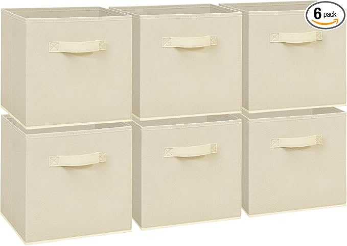 11 Inch Fabric Storage Cubes, Sturdy Foldable Storage Bins, Heavy Duty Cube Organizer for Clothes, Blankets, Shelves, Closets, Bedroom, Living Room, Beige, 6 Pack by Unknown