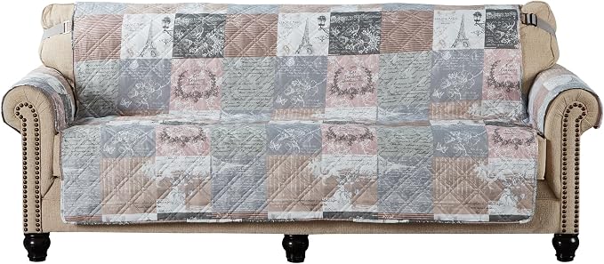 Brilliant Sunshine Latte Grey Paris & Toile Loveseat Cover, 54" seat | Non Slip Sofa Cover, Patchwork Design, Quilted Furniture Protector, Large Washable Love Seat Slipcover for Pets, Dogs & Cats - Image 2