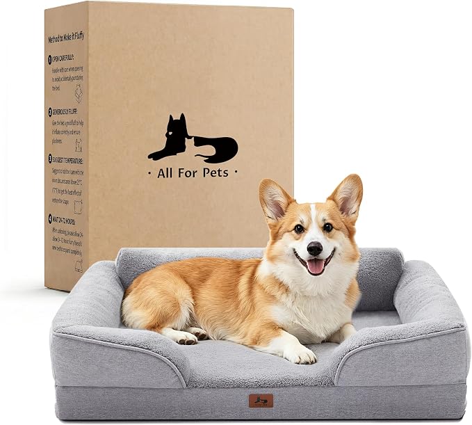 Orthopedic Dog Beds for Medium Size Dogs, Waterproof Egg-Crate Foam Pet Couch Bed with Soft Sides, Non-Slip Dog Sofa with Fleece Removable Washable Cover, 28"L Supportive Pet Sofa, Light Grey by WARMREST