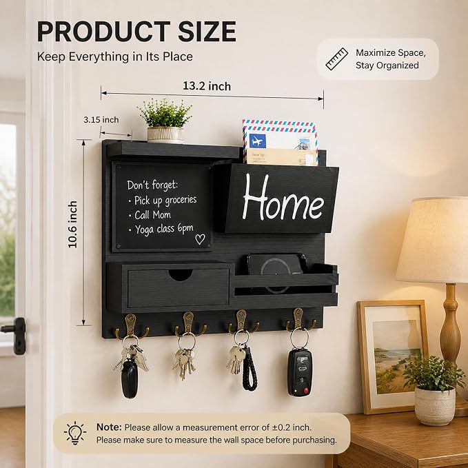 Dvobez Black Farmhouse Key Holder for Wall with Mail Organizer, 6-in-1 Entryway Organizer with Chalkboard, Drawer, Phone Wallet Holder, Top Shelf and 4 Double Hooks - Image 6