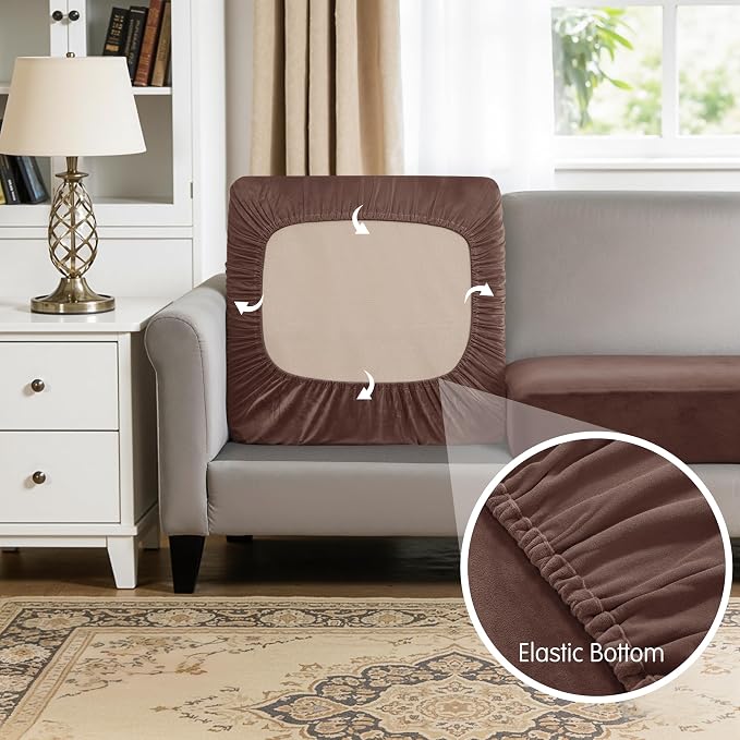 Hokway Velvet Couch Cushion Covers Water Resistant Seat Covers Stretch Sofa Cushion Protector(Small-3PC, Brown) - Image 5