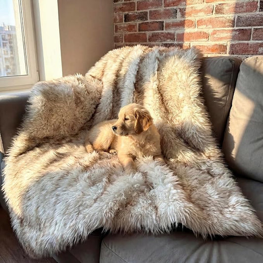 Faux Fur Dog Blanket, Waterproof Couch Cover, White w/ Brown Tips 60"x50" | Plush Sheepskin Style Pet Throw for Sofa, Bed, and Car, Washable Furniture Cover that Protects From Fur and Spills by iHappyDog