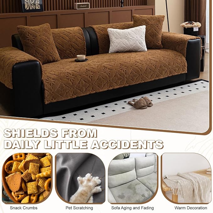 STACYPIK Plush Dark Coffee Couch Cover for Pets, Soft Washable Sofa Covers for Dogs, Fluffy Anti-Scratch Sofa Slipcover Non Slip Armrest Backrest Furniture Protector for 2 Cushion Couch-27.6X27.6IN - Image 7