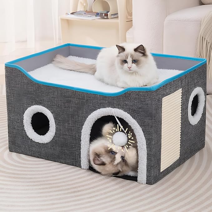 Loyareal Cat Houses for Indoor Cats - Large Cat Bed Cave with Scratch Pad and Fluffy Ball, Foldable Cat Condo Hideaway with Reversible Cushion for Multi Small Pet, Light Grey by Loyareal