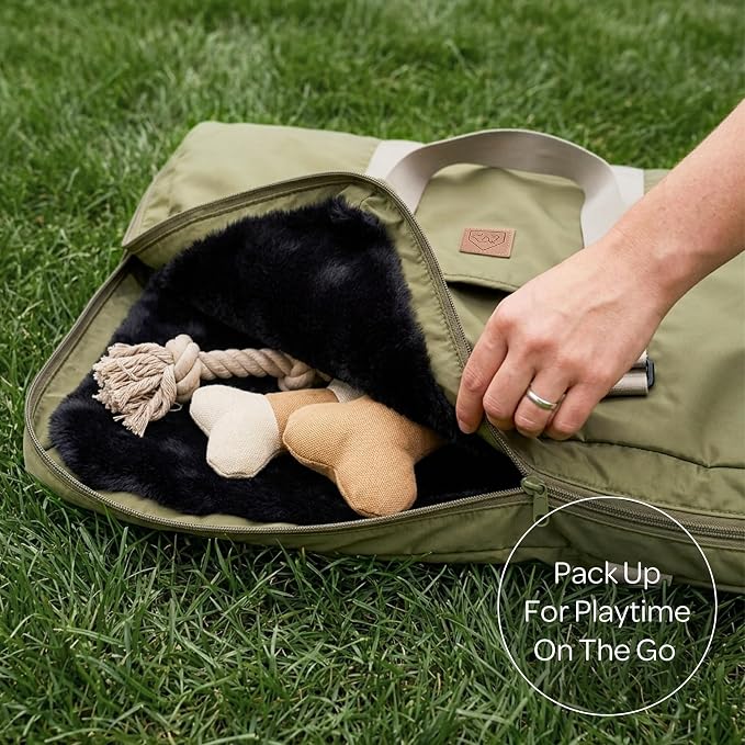 4 Cats & Dogs Gus Travel Bed – Portable Foldable Dog Bed & Pet Cushion Mat with Soft Faux Fur, Water-Resistant Nylon, Zippered Suitcase Design for Camping & Travel- Medium (29.5″ x 39.5″), Army - Image 6