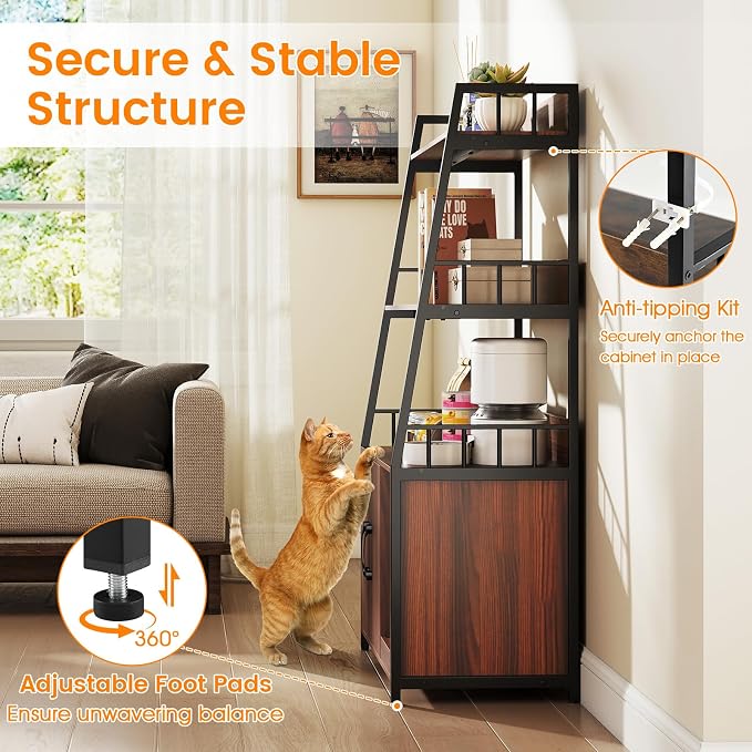 PETSITE Cat Litter Box Enclosure with Storage Shelves, 52 Inches Tall Hidden Litter Box with Charging Station, Scratching Board, and Winding Entry (Walnut) - Image 7