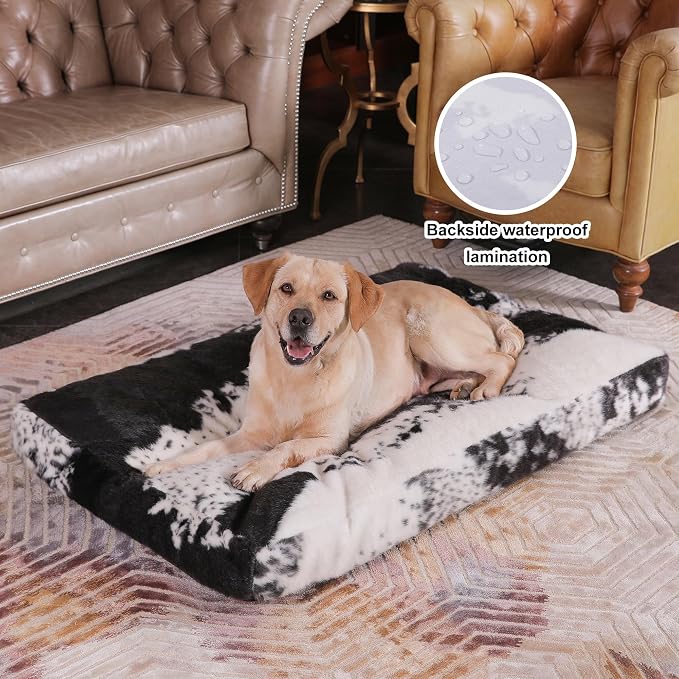 Bedfolks Waterproof Kennel Pad,Plush Dog Crate Bed with Removable, Washable Faux Fur Cover for Extra Large Dogs, Fluffy - 41"x27", Black-White Cowhide - Image 2