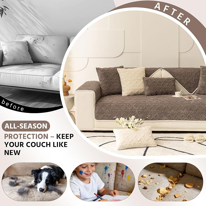 OTOB All Season Couch Cover for Dogs Washable, Anti Slip Soft Plush Geometric Jacquard Love Seat Sofa Slipcovers, Kids Pet Friendly Furniture Protector Couch Covers, 1 Piece (Chocolate, 27.6"x59.1") - Image 2