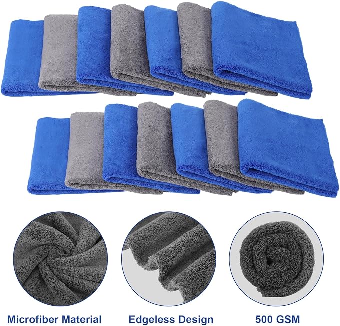Shimeyao 30 Pcs 16 x 16 Inch Edgeless Microfiber Plush Towels for Cars Detailing Drying Wash Polishing Absorbent Cleaning Cloths, 500 GSM (Blue, Gray) - Image 3