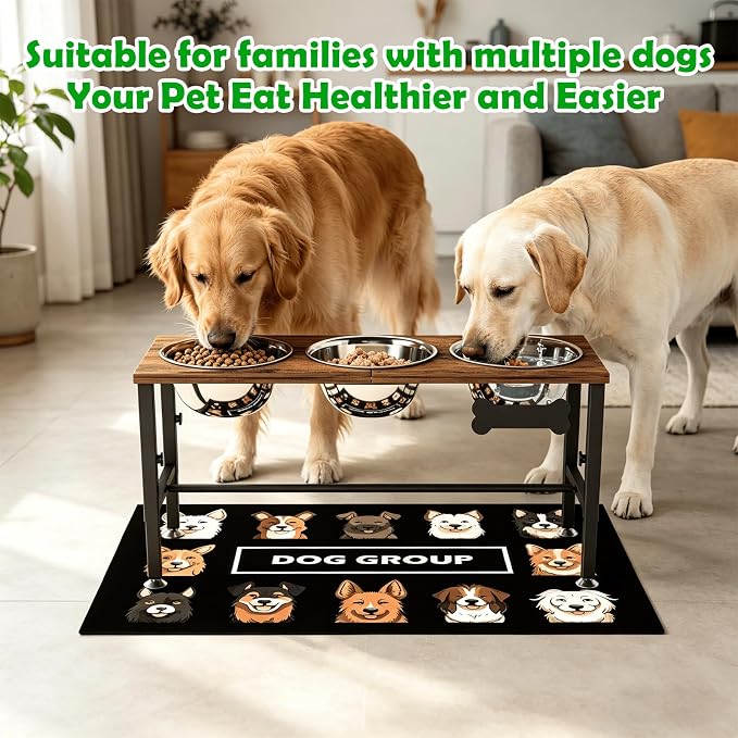 SHAINFUN Adjustable Height Elevated Dog Bowl Stand – Wooden Raised Dog Bowls with Three 58oz Stainless Steel Bowls & Mat for Small to Large Dog Breeds - Image 3