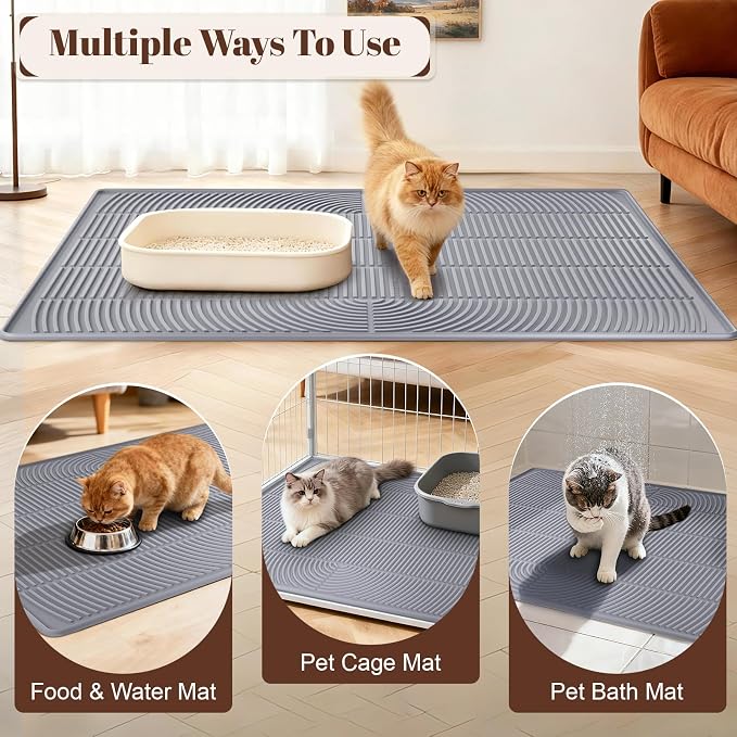 XXL Cat Litter Mat, 47"x35" Water-Resistant & Anti-Slip Litter Trapper for Kitty Litter Box, Easy Clean Silicone Floor Mat for Pets, Grey - Image 6