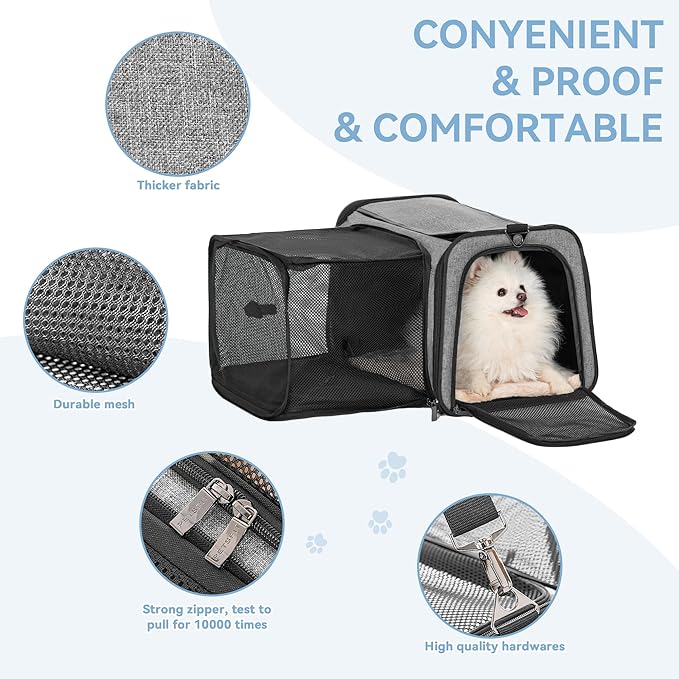 Petsfit 19"X12" X12" Expandable Pet Carrier, Square Expansion Reduces Pet Anxiety, Escape-Proof Self-Locking Zippers, 3 Easy-Access Entrances, for Cats & Small Dogs up to 18 lbs