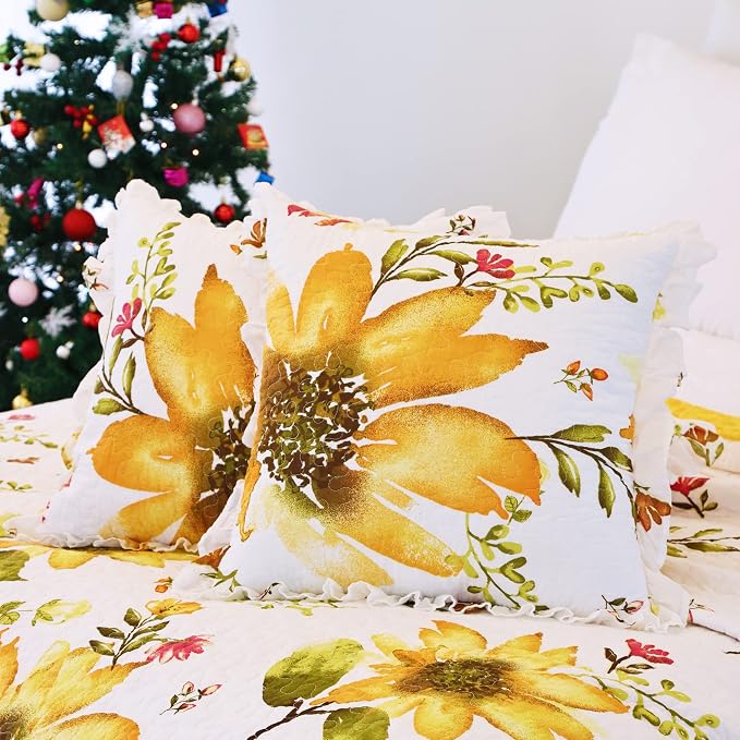 EVENHUG 100% Cotton Quilt Twin Size Yellow Sunflower Bedding Set Floral Lightweight Quilt Reversible Coverlet Bedspread with 1 Pillow Shams All Seasons 2 Pieces (68"x86") - Image 9