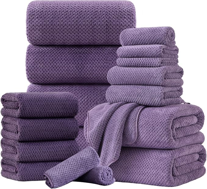 18 Piece Microfiber Bath Towels Set - 6 Bath Sheets,6 Hand Towels And 6 Washcloths,Soft Family Towels,Highly Absorbent Bathroom Towel,Quick Dry Shower Towel Luxury Towels For Hotel Spa Dorm-Purple by FerdilanUS