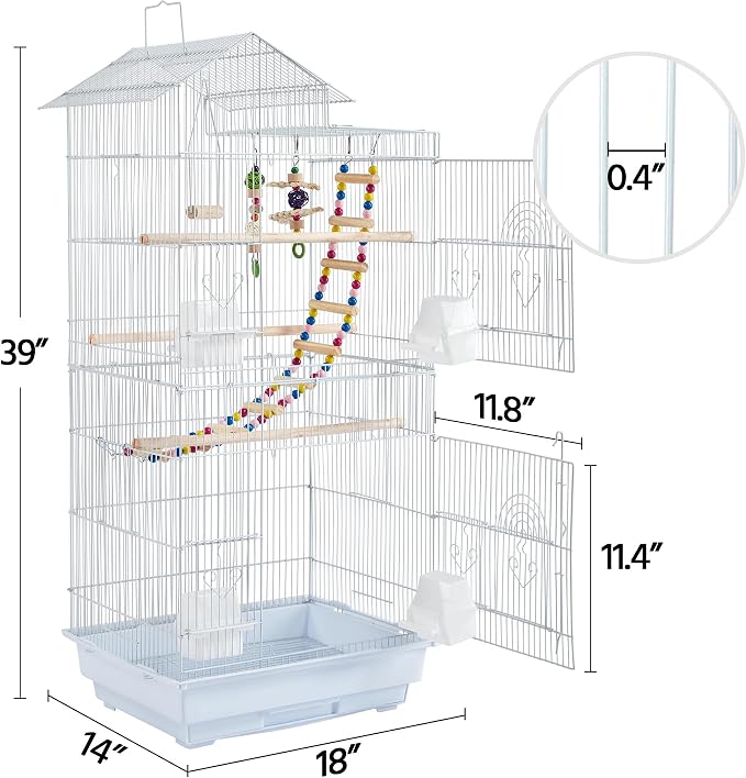 Yaheetech 39-inch Roof Top Medium Parakeet Bird Cages for Cockatiels Conures Finches Budgies Canaries Lovebirds Parakeets Green Cheek Small Birds Parrots, Travel Flight Birdcage w/Toys, White - Image 4