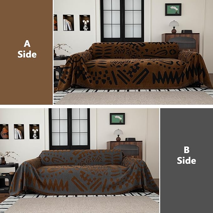 MEETSKY Boho Couch Cover Sofa Covers, Chenille Geometric Dark Brown Couch Covers for 2 Cushion Couch Sofa for Dogs, Washable Sofa Slipcover for Cat Sofa Protector with Tassels,71" x 118" - Image 2