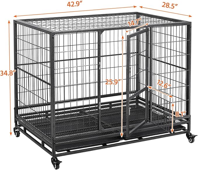 Yaheetech 43in Heavy Duty Escape Proof Dog Crate Cage w/Double Doors, 2 Removable Trays, Lockable Wheels, Indestructible Dog Kennel for Medium/Large Dogs