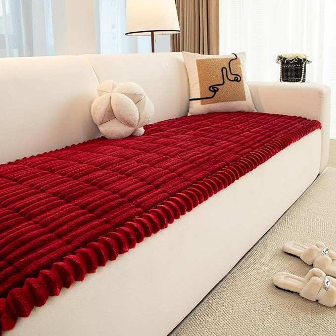 Christmas Faux Fur Plush Dog Couch Cover, 3D Stripe Fuzzy Sofa Covers, Non-Slip Fluffy Dog Bed Cover Pet Blanket, Washable Furniture Protector for Puppy Cat (Red,28"x94") - Image 6