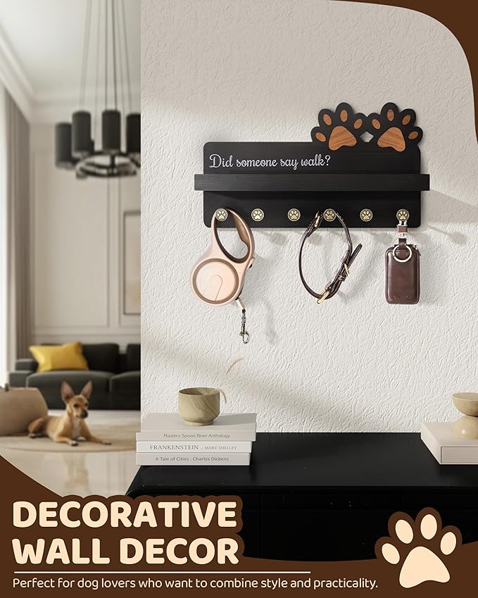 MTERSN Decorative Dog Leash Holder for Wall - Dog Accessories Organizer with Floating Shelf & 6 Hooks for Home Decor - The Cute Key Holder Wall Mount for Dogs Lover Gifts (Black) - Image 3