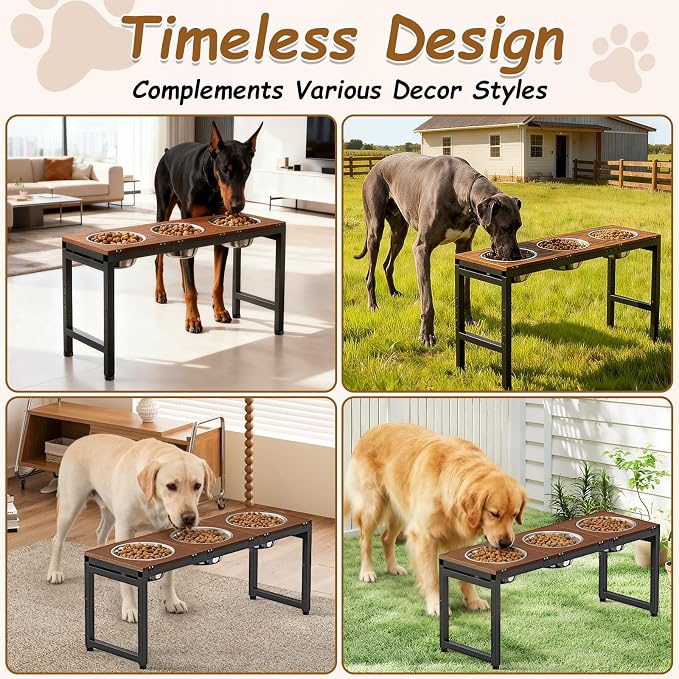 Elevated Dog Bowls Large Breed, Adjustable, 3 Bowl 12.5cup/101oz | 15"/16"/17"/18"/20" Height Fits Giant Dogs Like Great Dane, Stainless Steel Bowls , Iron Holder, Wooden Platform, Grained Oak - Image 8