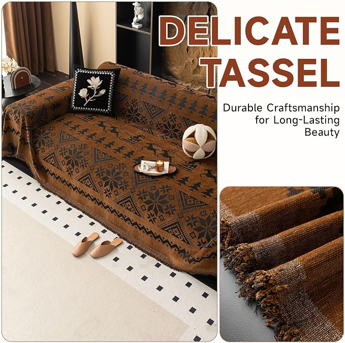 VClife Boho Couch Cover for Christmas 1 Piece Soft Warm Couch Cover for Sectional Sofa, Washable Pumpkin and Black Jacquard 3-Seaters Sofa Covers for Home Office RV 71"x134" - Image 7
