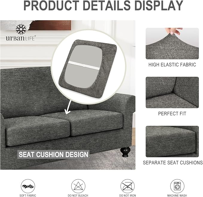 URBANLIFE 3-Piece Stretch Sofa Covers for 2 Cushion Couch, Gray | Super fitted spandex slipcovers for couches. Non-slip elastic bottom. Machine washable furniture protector for kids & pets. - Image 7