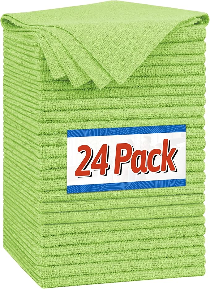 FIXSMITH Microfiber Cleaning Cloth, Shop Towels Bulk, 24 Pack Green Microfiber Towels for Cars, All-Purpose Absorbent Cleaning Rags, Dust Cloth for Automotive, Mechanic, Garage, Bar, 12 x 11 inch by FIXSMITH