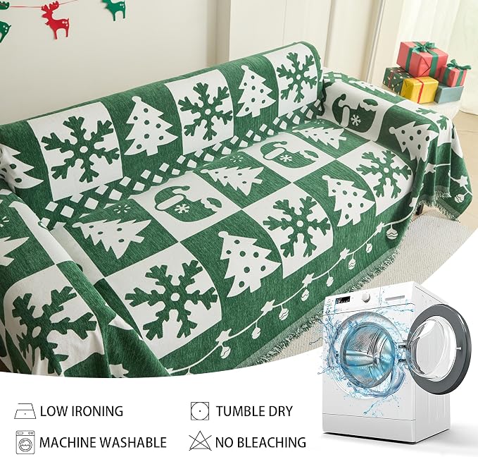 MEETSKY Christmas Green Couch Cover for Sectional Sofa, Chenille Loveseat Sofa Covers Washable for Pet Friendly Snowflake Christmas Tree Decorative Couch Covers, 71" x 118" - Image 6