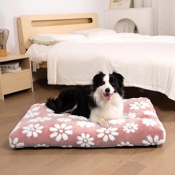 Cute Fluffy Dog Beds for Small Medium Dogs, 30"x 20", Pink Flower | Thick Dog Bed for Crate Kennel, Pet Bed with Removable Washable Cover, Anti-Slip Bottom - Image 2