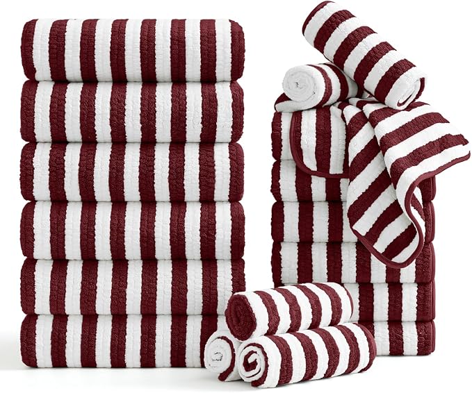 Smuge 18 Pcs Bath Towel Set, Include 6 Bath Towel Sheets, 6 Hand Towels and 6 Washcloths - Highly Absorbent Quick Dry Microfiber,Ultra Soft Bathroom Towel Set with Hanging Loop - Wine by Smuge
