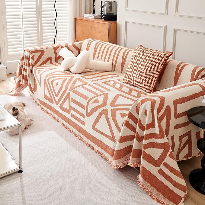 VClife Bohemian Sofa Covers for Dog, Washable Pet Slip Cover for Couch Sofa, Soft Cooling Chenille Couch Cover for 3 Cushion Couch Sofa Living Room Furniture Protector, Caramel-White, 71"X134" - Image 4