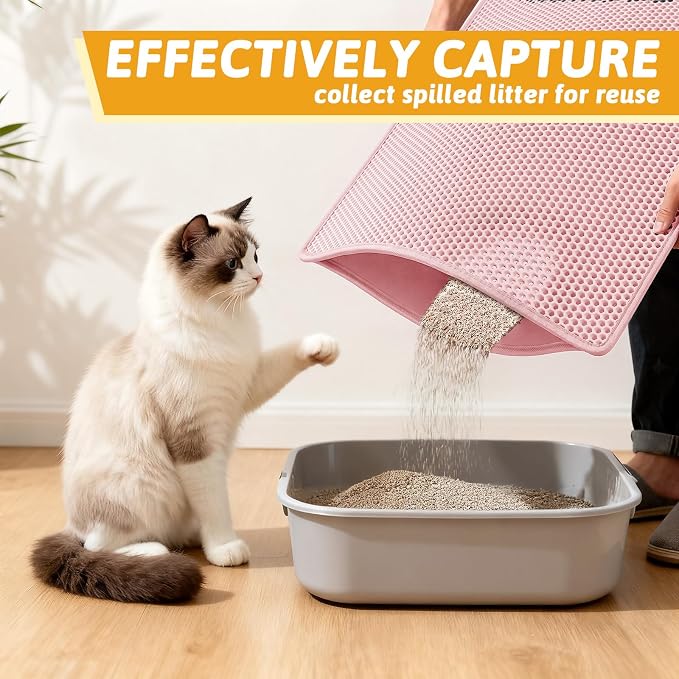 Pieviev Litter Box Mat, Double-Layer Urineproof Design, 30" x 24" Pink | Honeycomb Litter Trapping Mat Captures Scattered Particles to Stop Tracking, Waterproof Base Protects Floors, Easy to Clean - Image 3