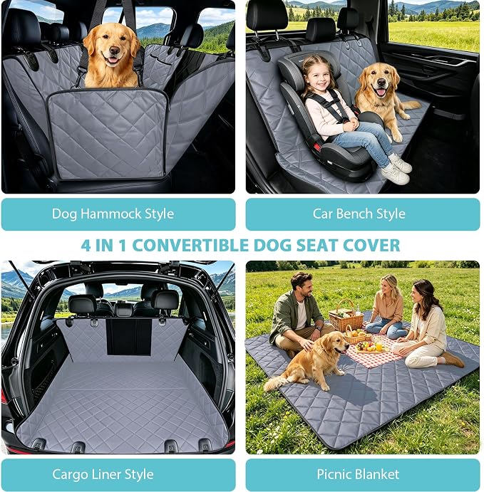 Truck Dog Seat Cover Back Seat | 100% Waterproof & Seat Belt | Pet Hammock for Car Rear Seat Protector with Mesh Window Fits Pickup Ford F-Series/Chevrolet Silverado/Ram/GMC Sierra etc(Gray) - Image 4