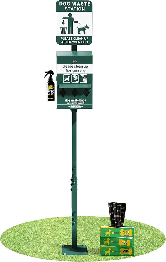 Mini Pet Waste Station - Includes 600 Dog Poop Bags - Original Glow in the Dark Dog Waste Station and Dog Poop Sign, Triple Storage Dog Poop Bag Dispenser with Hand Sanitizer Bottle by UPGORILO
