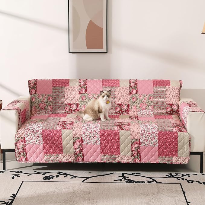 Cmfshape Skidproof Sofa Cover-Patchwork Sofa Slipcover with Elastic Straps-Easy Fit Slip Cover-Washable Furniture Protector for Pets and Kids(Loveseat,Hot Pink) - Image 2