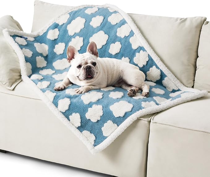 LE SURE Waterproof Dog Blankets for Medium Dogs Cute 3D Jacquard,30x40 | Puppy Blanket for Cat Aesthetic Gift, Warm Soft Sherpa Throw Washable, Reversible Pet Couch Protector, Cozy Clouds Blue by Lesure