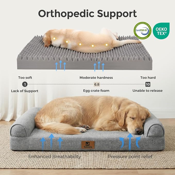 Sytopia 42 Inch Dog Beds for Large Dogs, Big Orthopedic Egg Crate Foam Pet Bed with Washable Removable Cover and Anti-Slip Bottom, Grey - Image 2