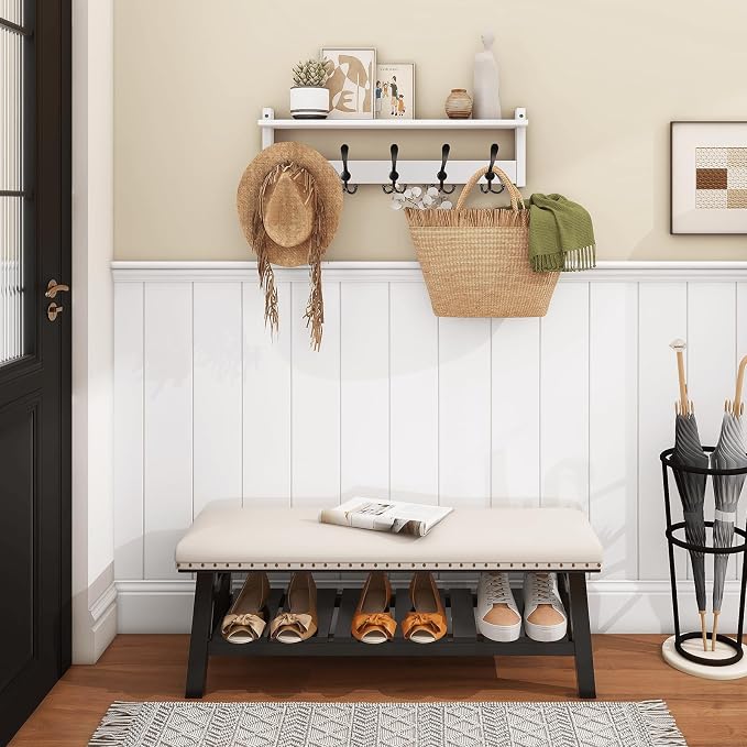 Homode Wall Shelf with Hooks, 24 Inch Coat Rack with Tri Hooks | Farmhouse Entryway Floating Coat Hanger with Storage for Bathroom, Entry Way, Mudroom, White - Image 2