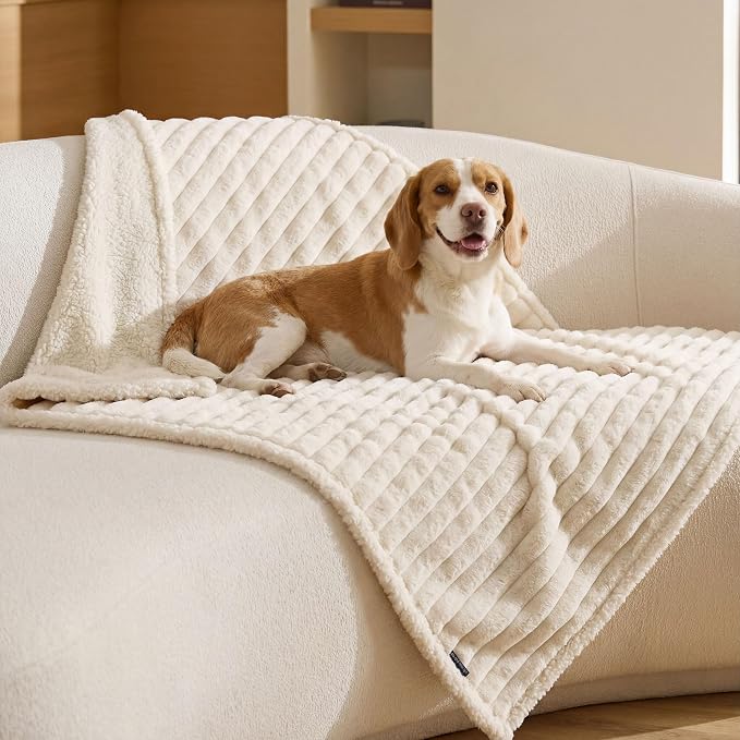 Bedsure ComfyFleece™ Waterproof Dog Blankets for Large Dogs,40x50 Cream | Soft Plush Couch Cover,Washable Corduroy Fleece for Furniture Protector,Cozy Calming Reversible Pet Blanket for Senior Dogs by Unknown