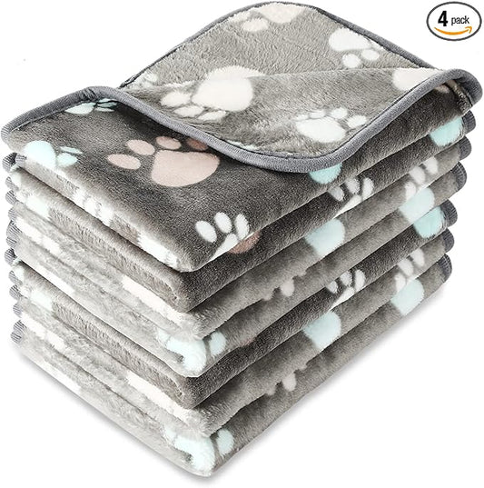 Tatuo 4 Pack Fleece Dog Blankets for Puppy Cats Multi-Size Sleep Mat for Pet Guinea Pig Soft Washable Warm Crate Bed Puppy Teething Toys Print Pattern Blanket Indoor(Dark Gray,41 x 30 Inch,Paw) by Tatuo