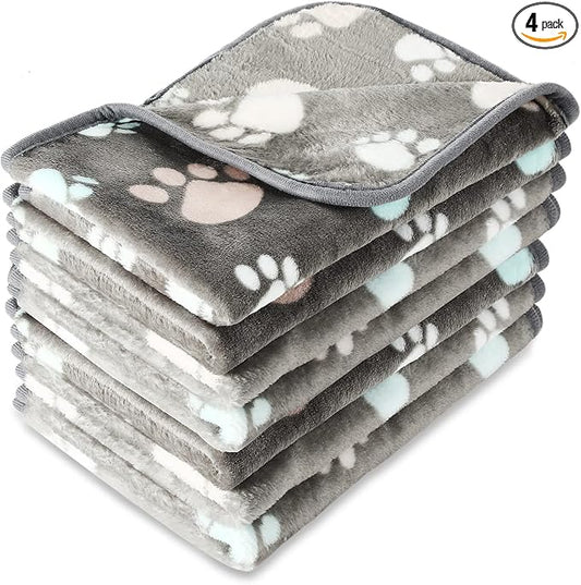 Tatuo 4 Pack Fleece Dog Blankets for Puppy Cats Multi-Size Sleep Mat for Pet Guinea Pig Soft Washable Warm Crate Bed Puppy Teething Toys Print Pattern Blanket Indoor(Dark Gray,30 x 20.5 Inch,Paw) by Tatuo
