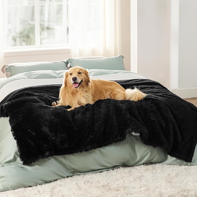 Bedsure Waterproof Dog Blankets for Large Dogs, Fluffy Faux Fur, 60×80" | Plush Fuzzy Reversible Pet Blankets for Couch and Bed, Soft Calming Throw Blanket Washable, Dog Gift, Twin Size,Black - Image 8