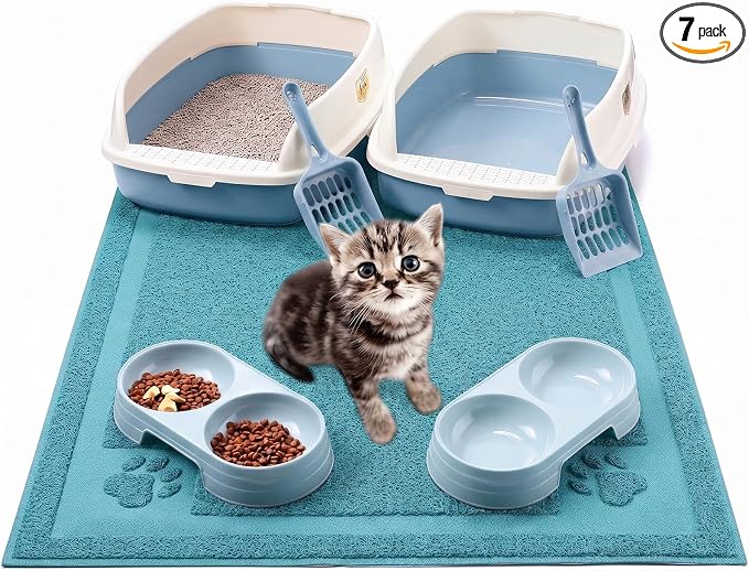 Sliner Kitten Litter Box Low Entry Starter Kit – 7pcs Set with 2 Litter Boxes, 2 Bowls, Scoop & Waterproof Mat, High Sided Cat Toilet for Small Kittens up to 6.6lb (Blue) by Sliner