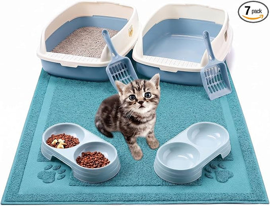 Sliner Kitten Litter Box Low Entry Starter Kit – 7pcs Set with 2 Litter Boxes, 2 Bowls, Scoop & Waterproof Mat, High Sided Cat Toilet for Small Kittens up to 6.6lb (Blue) by Sliner