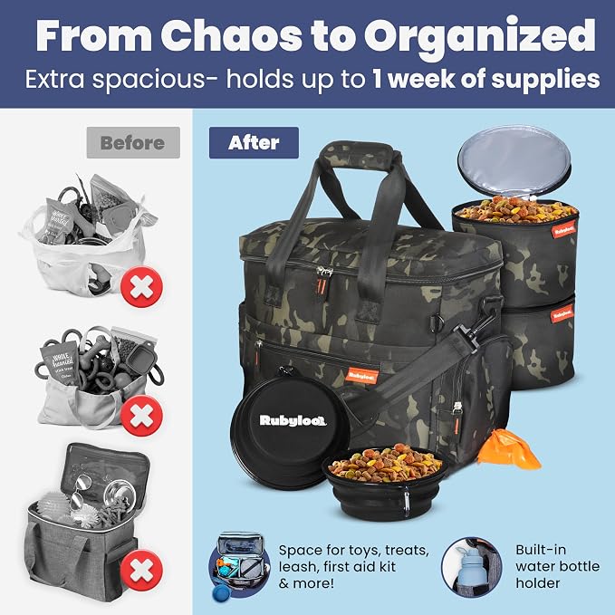 Rubyloo Original Doggy Bag™ Dog Travel Bag for Supplies with Travel Bowls | 2 BPA-Free Collapsible Bowls, 2 Pet Food Containers, TSA-Ready, Road Trips, Camping, Weekend Getaways, Doggy Gift, Camo - Image 5