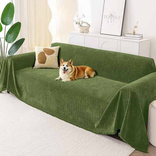 Smiry Couch Cover for Dogs, Chenille Sofa Covers for 3 Cushion Couch | Washable Soft Sofa Slipcover for Pets, Thick Sectional Furniture Protector with Tassels (Green, 71x118 Inch) by Smiry