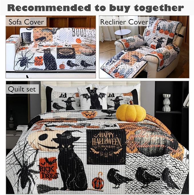Cmfshape Halloween Skidproof Sofa Cover-Festival Sofa Slipcover with Elastic Straps-Easy Fit Slip Cover-Patchwork Washable Furniture Protector for Pets and Kids(Loveseat,Black&Orange) - Image 4